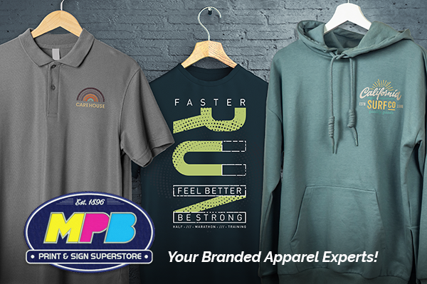 Three hanging garments: a grey polo shirt with a rainbow ‘Carehouse’ logo, a black t‑shirt printed with ‘Faster, Feel Better, Be Strong,’ and a green hoodie branded ‘California Surf Co.