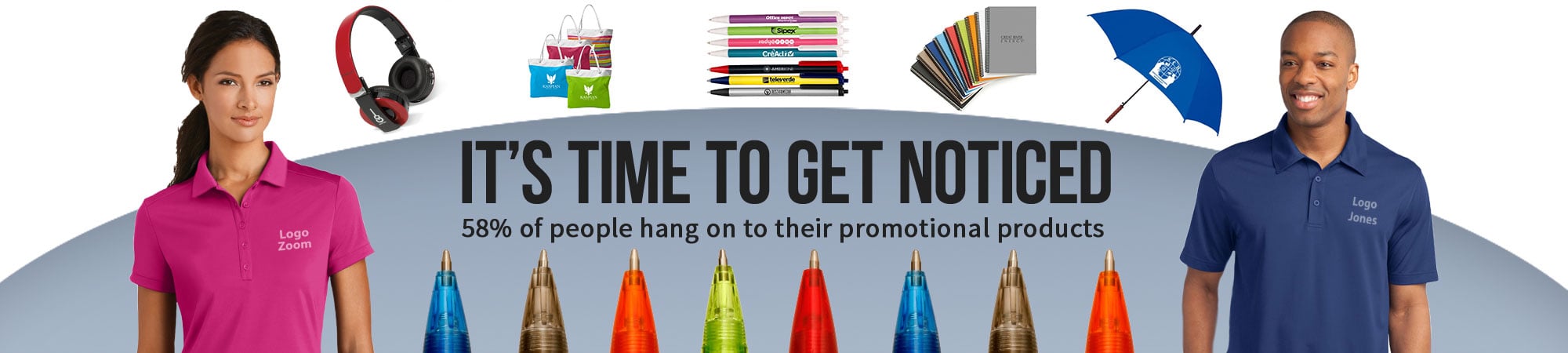 Promo Products 1 Assorted promotional items including mugs, pens, notebooks, tote bags, lanyards, and tech accessories, each branded with custom logos.
